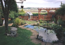 extended railing from deck and pergola, dividing the garden